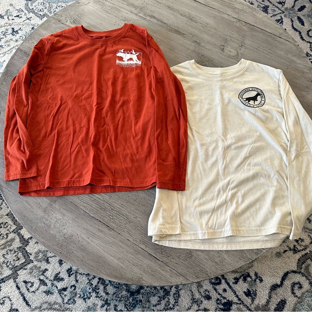 2 Ocean + Coast Boys Med Long Sleeve Tees - Rust & Cream